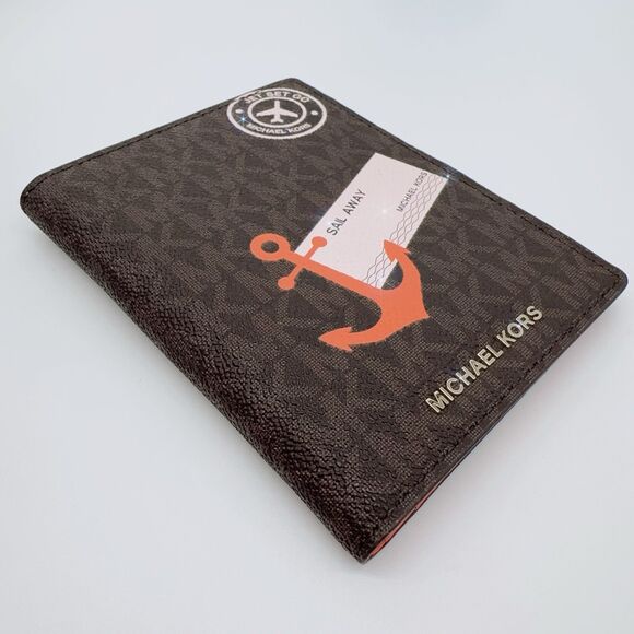 Michael Kors Illustrations SL Away Passport Wallet Cardcase Brown Mimosa Logo - Picture 5 of 6